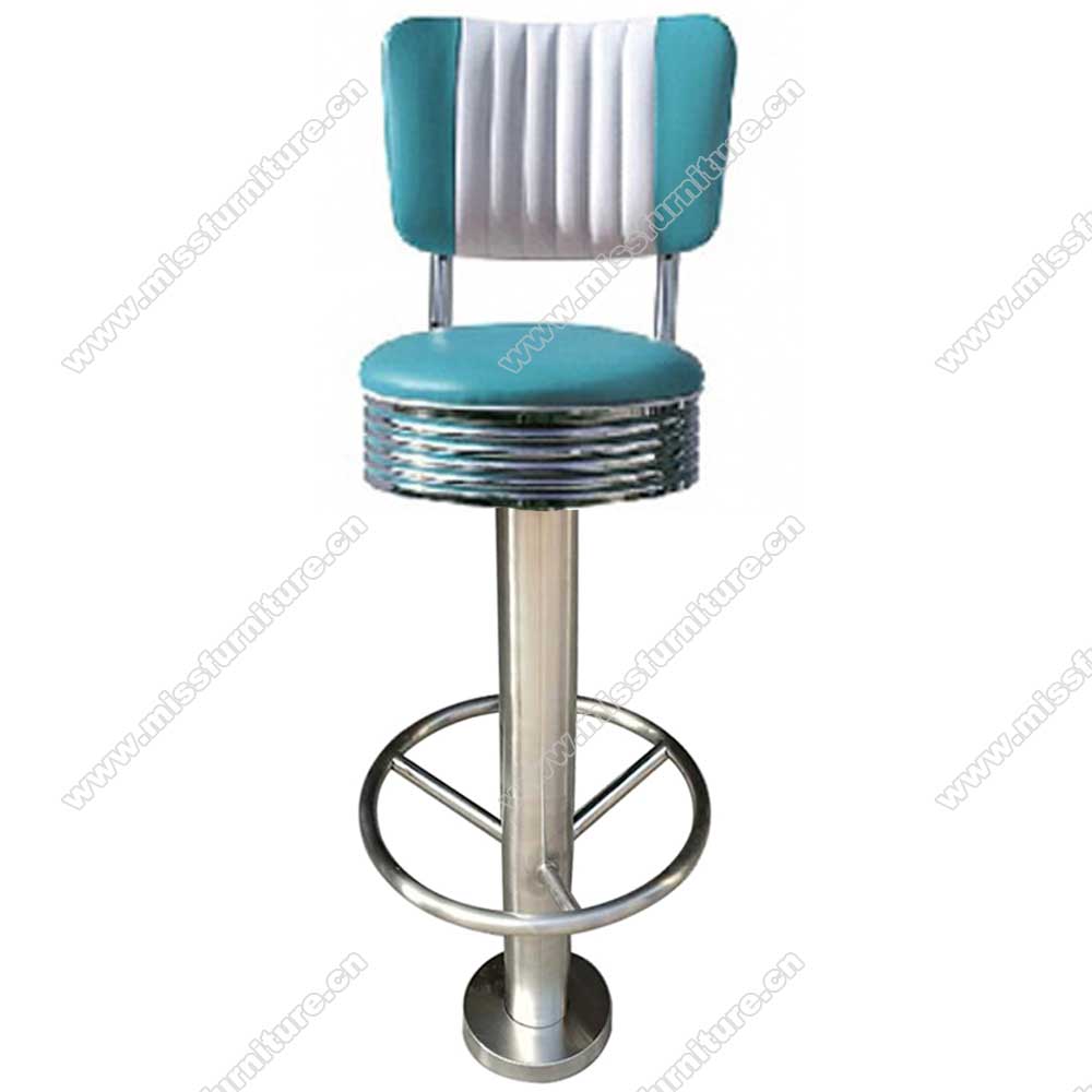 Colorful turquoise/yellow leather 65/75cm round seater height cafeteria retro barstools, fixed to floor with screws chrome retro cafeteria bar stools,American 1950s style retro diner bar chairs furniture M-8809