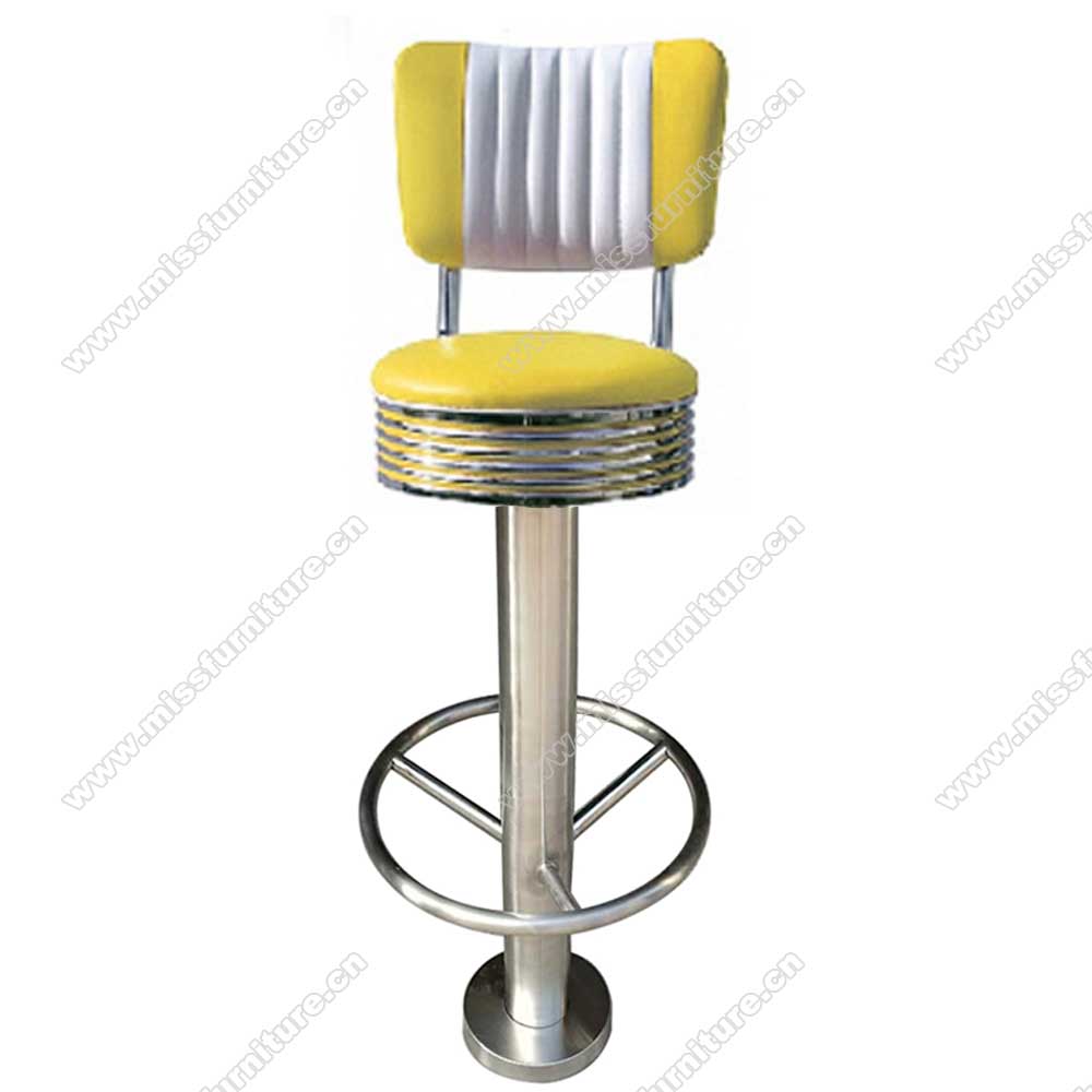 Colorful turquoise/yellow leather 65/75cm round seater height cafeteria retro barstools, fixed to floor with screws chrome retro cafeteria bar stools,American 1950s style retro diner bar chairs furniture M-8809