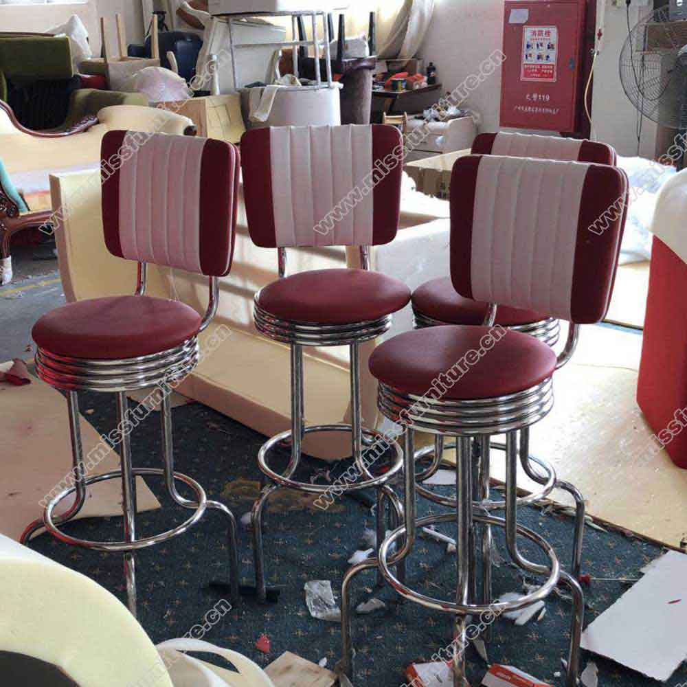 Fifties glossy stainless steel rubby and white dinette retro diner bar chairs,thin and smooth seater rubby PU leather dinette retro 50s bar chairs,American 1950s style retro diner bar chairs furniture M-8811