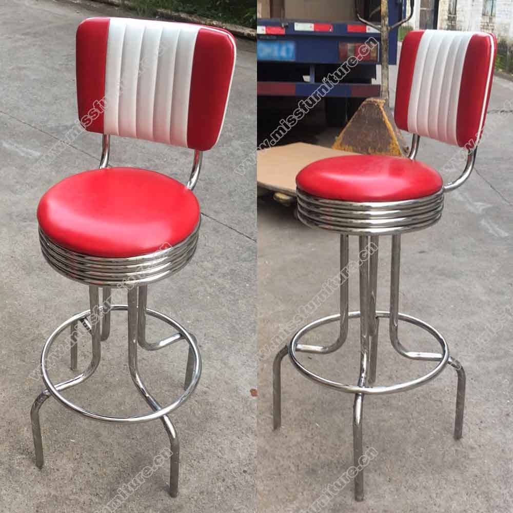 Hotsale 75cm height seater 5 channels round red and white club american diner bar stools,stainless steel frame 50s american club bar chairs,American 1950s style retro diner bar chairs furniture M-8805